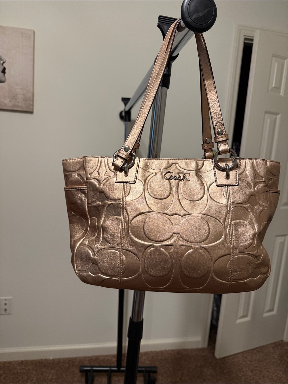 Coach Metallic Leather Rose Gold Signature Embossed Tote